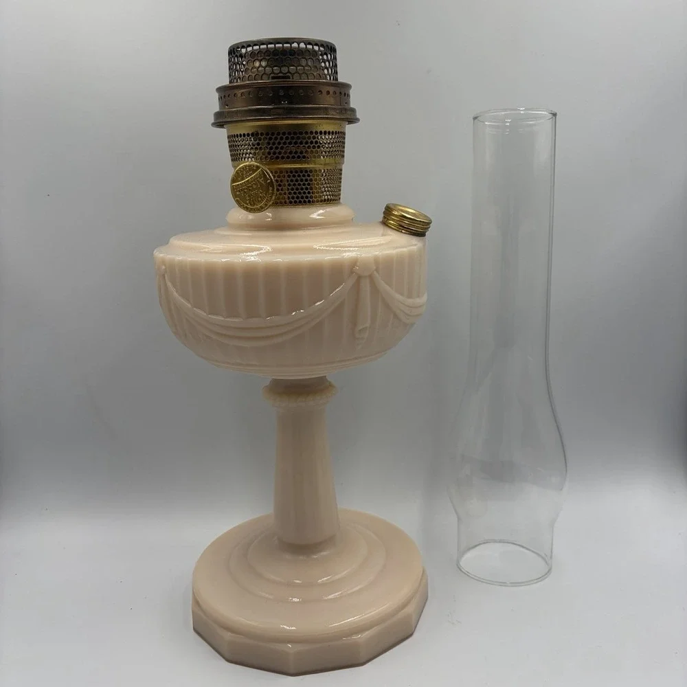 Vtg Aladdin Pink Alacite Uuranium Glass Oil Lamp Model B Tall Lincoln Drape Glow
